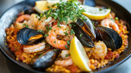 A seafood paella dish with shrimp, mussels, and squid, garnished with lemon wedges and fresh herbs.の素材