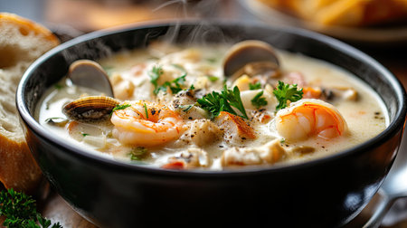 A steaming bowl of seafood chowder, filled with clams, shrimp, and chunks of fish, garnished with parsley and served with bread.の素材