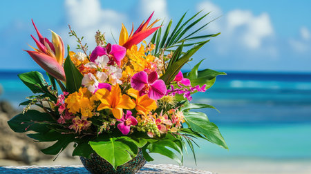 A vibrant, tropical flower bouquet featuring birds of paradise, orchids, and lush green leaves, set on a beachside table.の素材