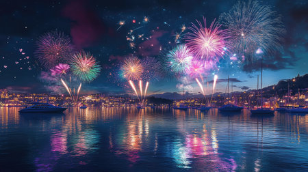 A series of colorful fireworks reflecting off the water in a harbor, as boats and spectators enjoy the show.の素材
