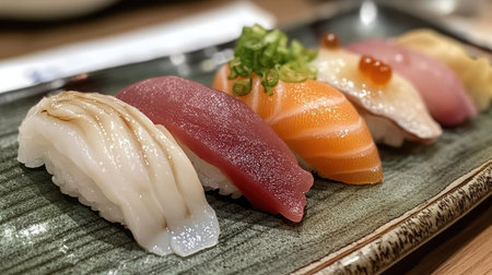 A vibrant omakase platter featuring toro nigiri, scallop sashimi, and uni, arranged with care and precision.の素材