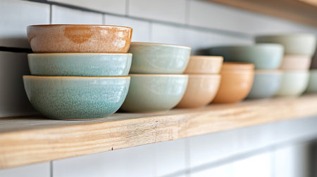 A row of ceramic mixing bowls in various sizes, stacked neatly on a wooden shelf in a home kitchen.の素材
