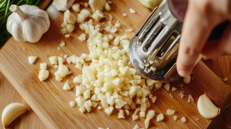 A top-down shot of a garlic press being used over a cutting board filled with freshly chopped garlic.の素材