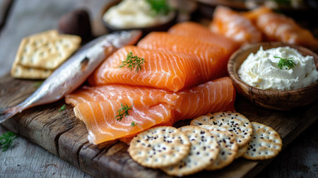 A selection of smoked fish, including salmon, mackerel, and trout, arranged on a wooden board with crackers and cream cheese.の素材