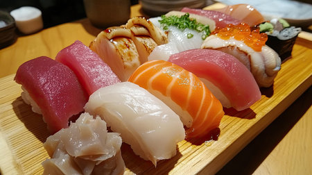 A vibrant omakase platter featuring toro nigiri, scallop sashimi, and uni, arranged with care and precision.の素材