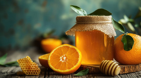 A vibrant shot of fresh oranges and a jar of organic honey on a rustic wooden table, with a honeycomb piece for decoration.の素材