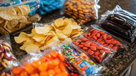 An assortment of brightly packaged candy bars and chips laid out on a kitchen counter.の素材