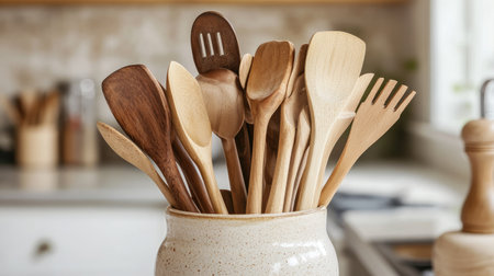 A variety of wooden spoons and spatulas arranged inside a ceramic jar on a kitchen countertop.の素材