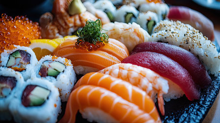 An assortment of sushi and sashimi prepared for an omakase dinner, with delicate garnishes and sauces arranged artistically.の素材