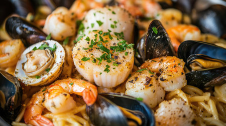 A seafood pasta dish with clams, mussels, shrimp, and scallops in a garlic butter sauce, topped with fresh parsley.の素材
