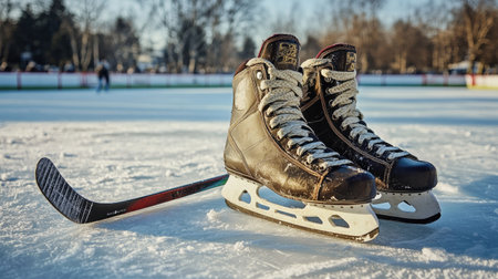 A pair of ice skates lying on the ice at a skating rink, with a hockey stick resting nearby.の素材
