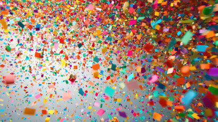 An abstract background of colorful confetti raining down in mid-air, suspended in motion to create a festive, dynamic effect.の素材