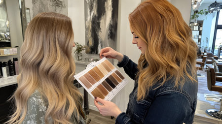 A hairstylist consulting with a client, showing a hair color chart and discussing style options.の素材