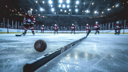 A hockey stick and puck lying on the ice, with players skating in the background under arena lights.の素材