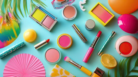 A vibrant flat-lay of summer-inspired makeup products including bright lipsticks, neon eyeshadows, and fun packaging.の素材