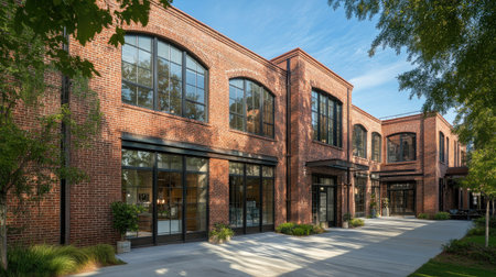 An older brick warehouse building repurposed as loft apartments in the heart of downtown, blending historic and modern design.の素材