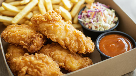 A box of chicken tenders with dipping sauces, accompanied by a side of coleslaw and fries.の素材