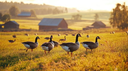 A group of geese walking across a sunny field, with farm buildings and a bright sky in the distance.の素材
