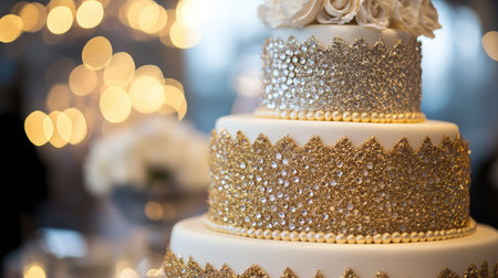 A glittering cake with gold and silver accents, perfect for a milestone birthday or elegant celebration.の素材