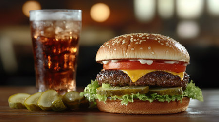 A classic cheeseburger with a juicy patty, lettuce, tomato, and pickles, served alongside an iced soda.の素材