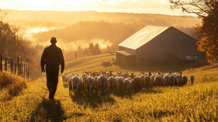 A farmer walking with a herd of goats in a sun-soaked pasture, with a barn in the background.の素材