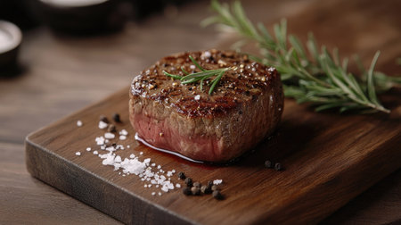 A medium-rare steak served on a wooden board, garnished with rosemary, coarse salt, and cracked black pepper.の素材