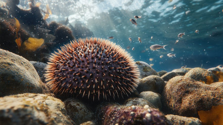 A close-up of a sea urchin nestled among rocks on the ocean floor, with tiny fish swimming nearby.の素材