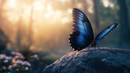A butterfly with deep blue and black wings resting on a rock, surrounded by a softly lit forest landscape.の素材