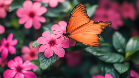 A bright orange butterfly spreading its wings while sitting on a vibrant pink flower in a lush garden.の素材
