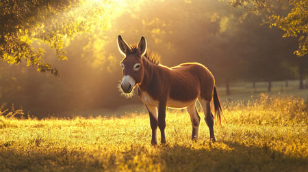 A donkey standing in a sun-filled pasture, enjoying the warm rays and a gentle breeze.の素材