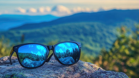 A close-up of polarized sunglasses with blue reflective lenses, sitting on a rock with a scenic mountain view behind.の素材