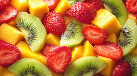 A vibrant fruit salad featuring slices of mango, kiwi, and strawberries, capturing the freshness of a summer day.の素材
