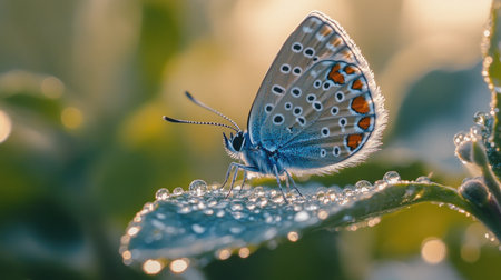 A close-up of a butterfly perched on a leaf, with morning dew drops glistening around it in the soft early light.の素材