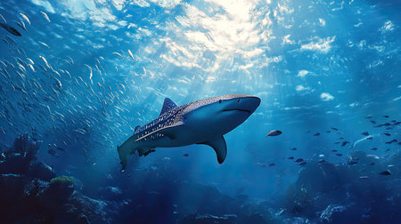 A whale shark swimming peacefully through the ocean, surrounded by schools of fish in the vast blue sea.の素材