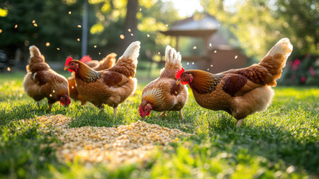 Free-range chickens feeding on freshly scattered grain in a sunny yard, promoting healthy, natural diets.の素材