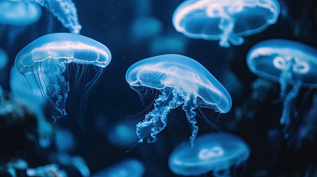 A group of jellyfish floating serenely underwater, their translucent bodies glowing in the blue depths.の素材