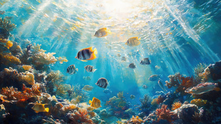 A school of tropical fish gliding through clear blue waters above a coral bed, surrounded by sunlit ocean rays.の素材