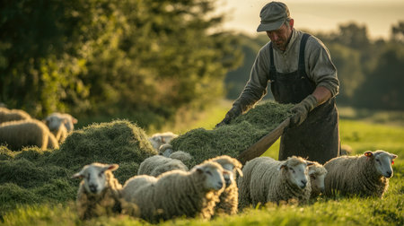 A farm worker spreading freshly chopped forage for sheep, promoting sustainable and organic feeding methods.の素材
