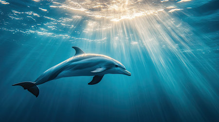 A dolphin swimming just beneath the surface, with beams of sunlight piercing through the water above.の素材