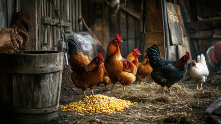 Chickens gathered around fresh corn and grains scattered in a rustic barn setting.の素材