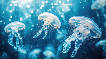 A group of jellyfish floating serenely underwater, their translucent bodies glowing in the blue depths.の素材