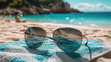 A pair of sleek aviator sunglasses resting on a beach towel, with a view of the ocean in the background.の素材