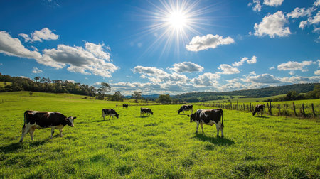 Cows grazing peacefully in a lush, green pasture under a bright, sunny sky on a rural farm.の素材