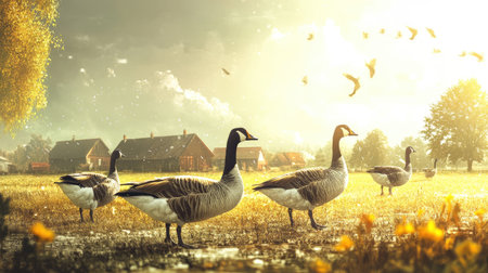 A group of geese walking across a sunny field, with farm buildings and a bright sky in the distance.の素材