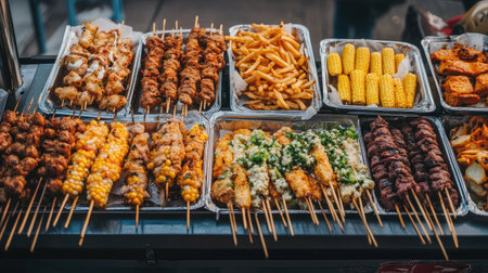 A variety of street food including loaded fries, grilled corn, and skewers, arranged on a food truck counter.の素材