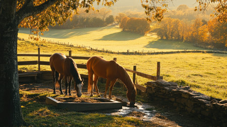 Horses eating from a trough in a sunny barnyard, with vibrant green fields stretching behind them.の素材