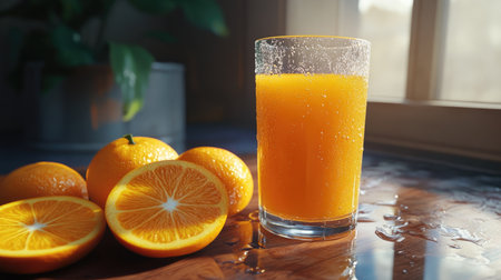 A chilled glass of freshly squeezed orange juice with condensation on the outside, next to sliced oranges.の素材