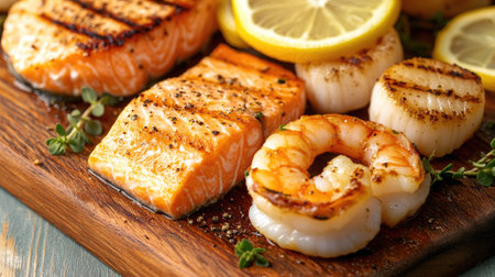 A close-up of grilled shrimp, scallops, and salmon fillets served on a wooden board with lemon slices.の素材