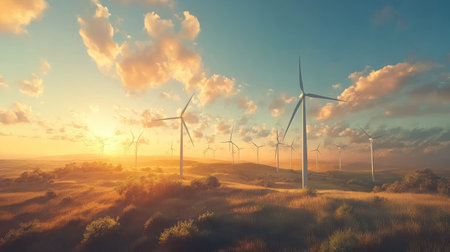 A day scene of a wind farm, with giant wind turbines turning under a bright, sunny sky.の素材
