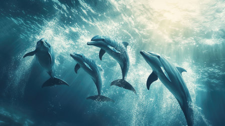 A group of dolphins playing underwater, swimming gracefully through the ocean with a sense of freedom and joy.の素材